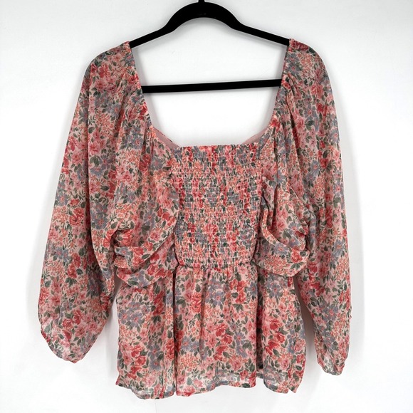 American Eagle Floral Ruched Blouse Womens XL Pink Chiffon Coquette Feminine - Picture 3 of 12